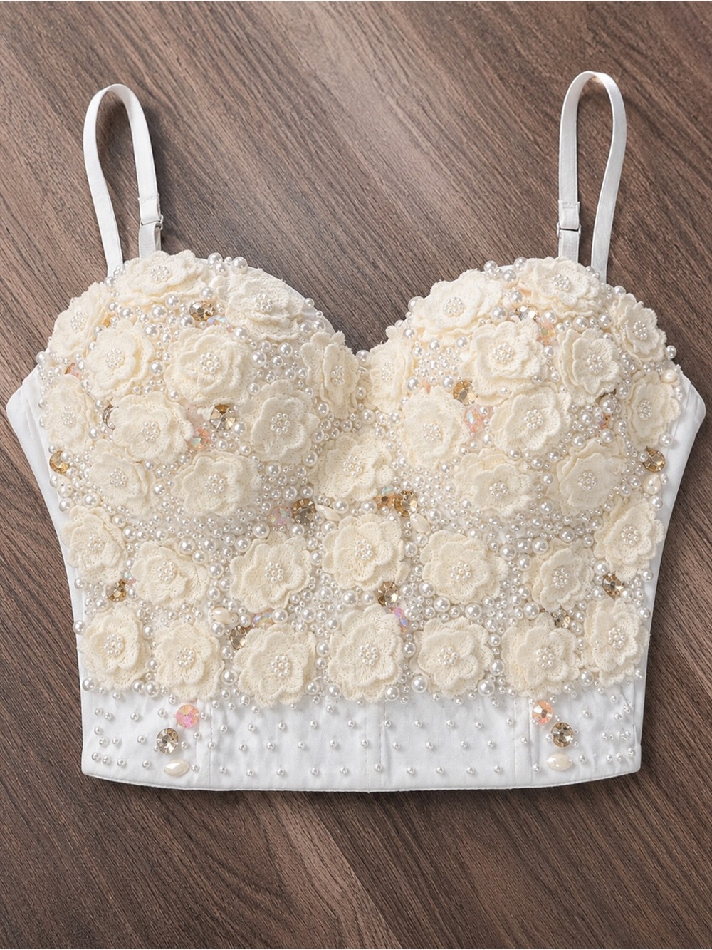 Love J Floral Pearl Embellished Bustier Corset Crop Top Ivory Size M - Picture 2 of 9